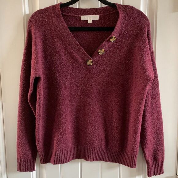 Adyson Parker Sweaters - Adyson Parker Maroon Fuzzy V Neck Button Detail Sweater | Medium